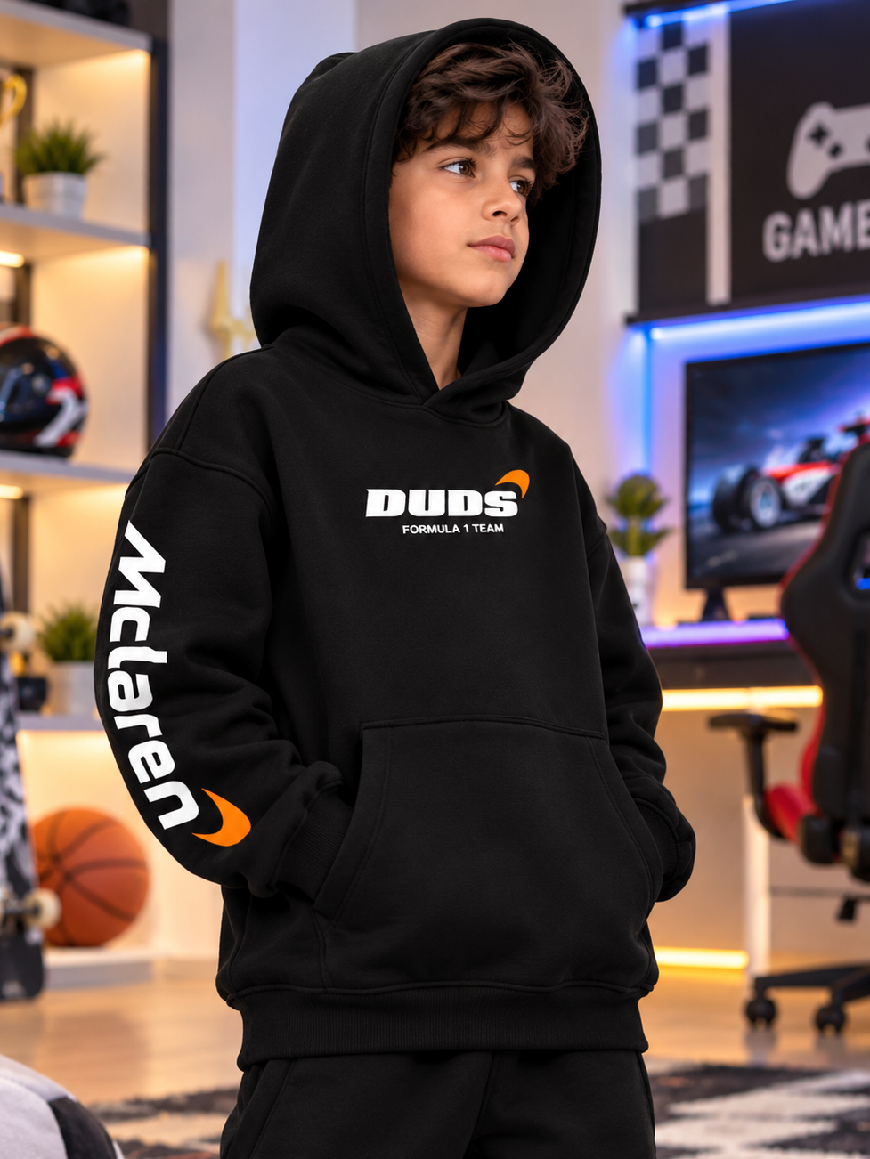 MONSTER DRINK FLEECE HOODIE FOR KIDS BLACK worn by a boy in a gaming room, cozy black hoodie with stylish print