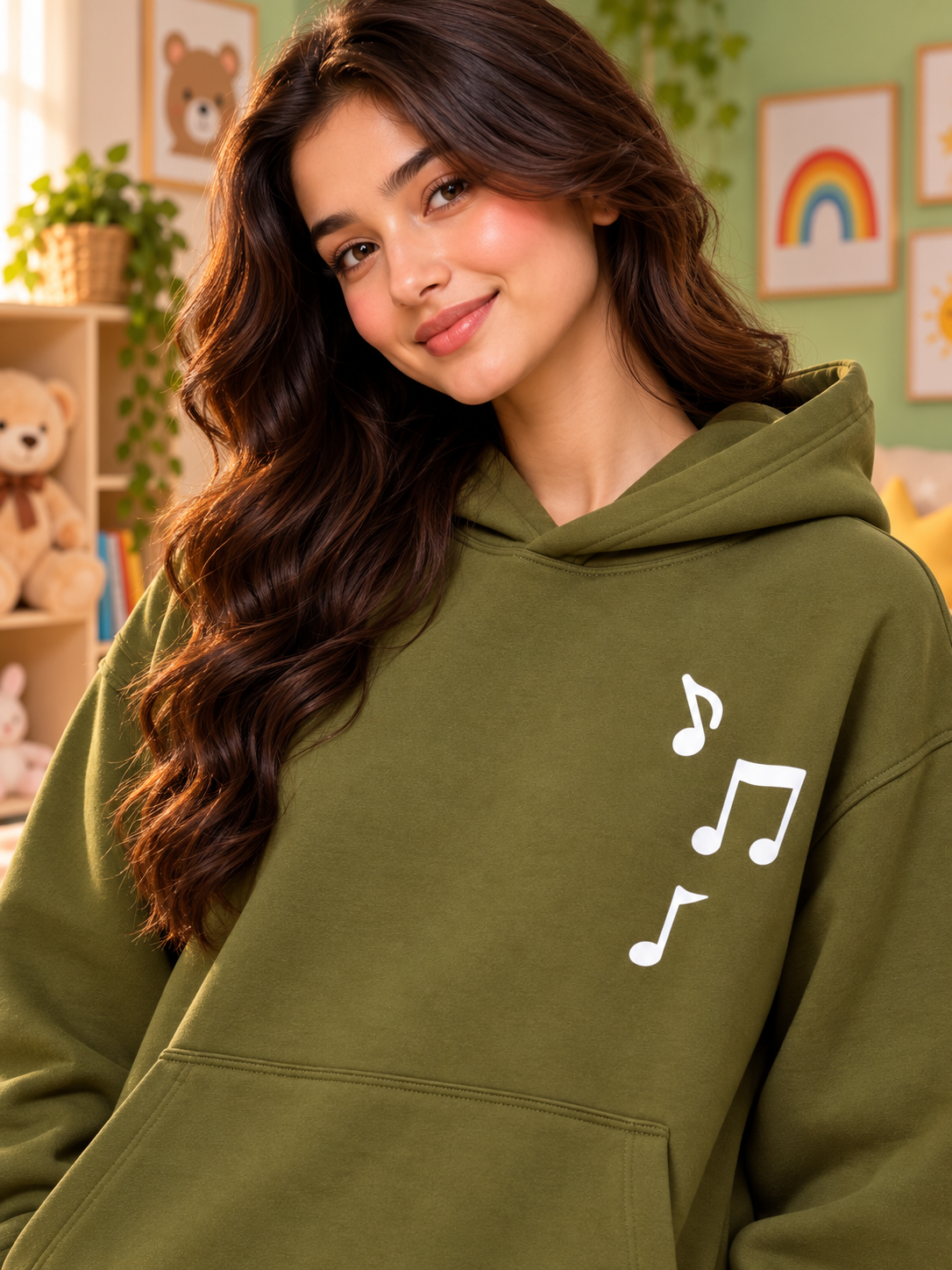 WEARDUDS WOMEN FLEECE MUSIC GRAPHIC HOODIE OLIVE GREEN