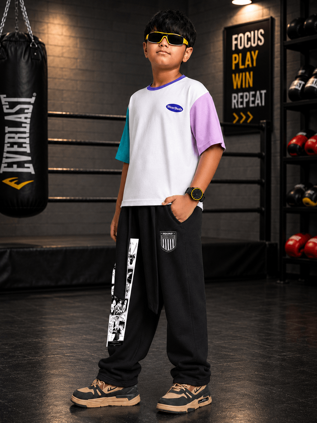 CHILL JOGGER FOR BOYS GIRLS BLACK worn by a confident boy in a stylish outfit, perfect for casual play and streetwear.