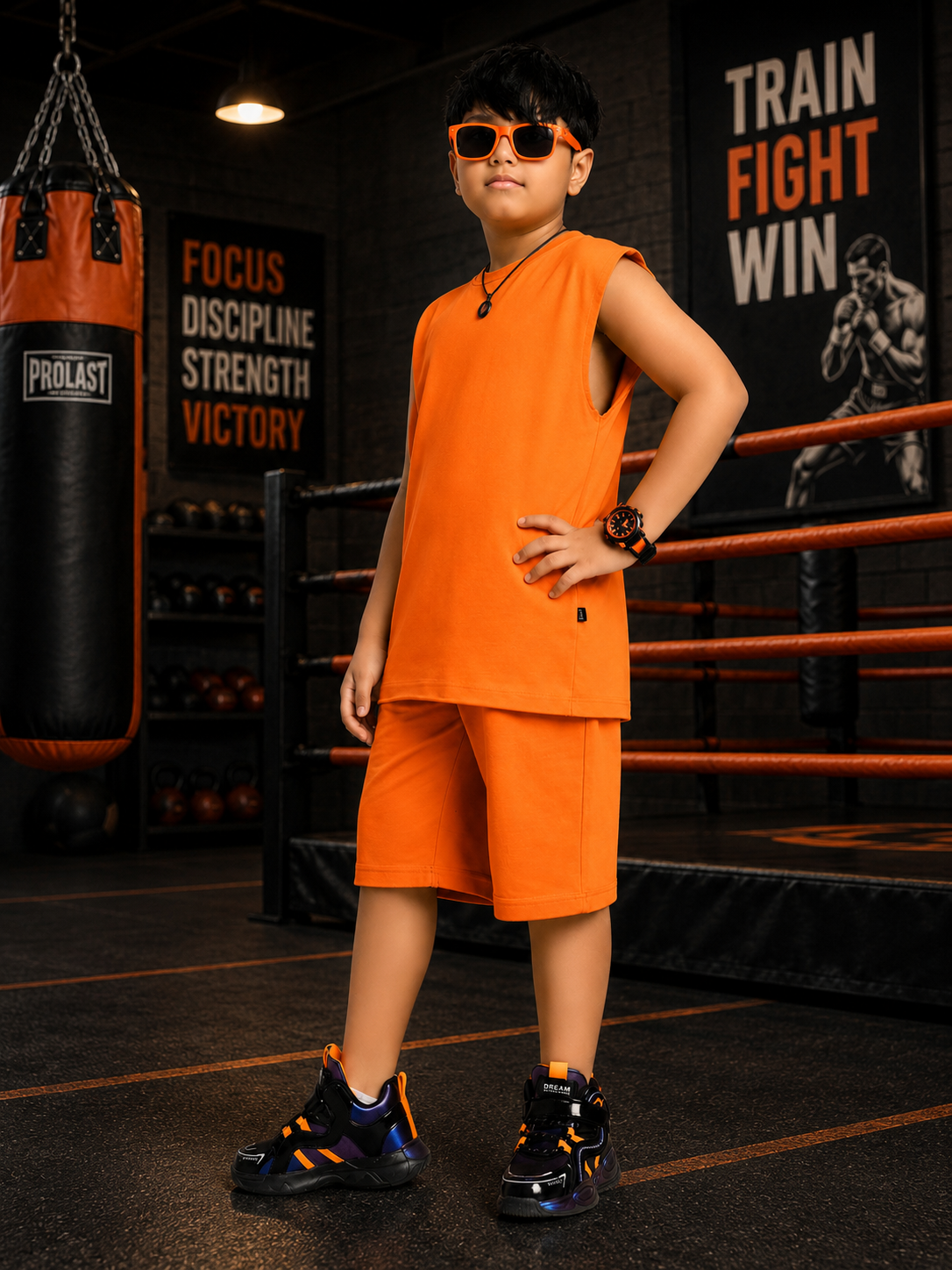 NEON RUSH SLEEVELESS CO-ORD FOR BOYS GIRLS ORANGE
