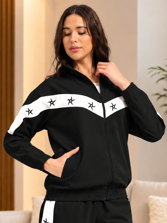 WOMEN MATCHING LOOSE FIT ZIPPER JACKET BLACK WHITE