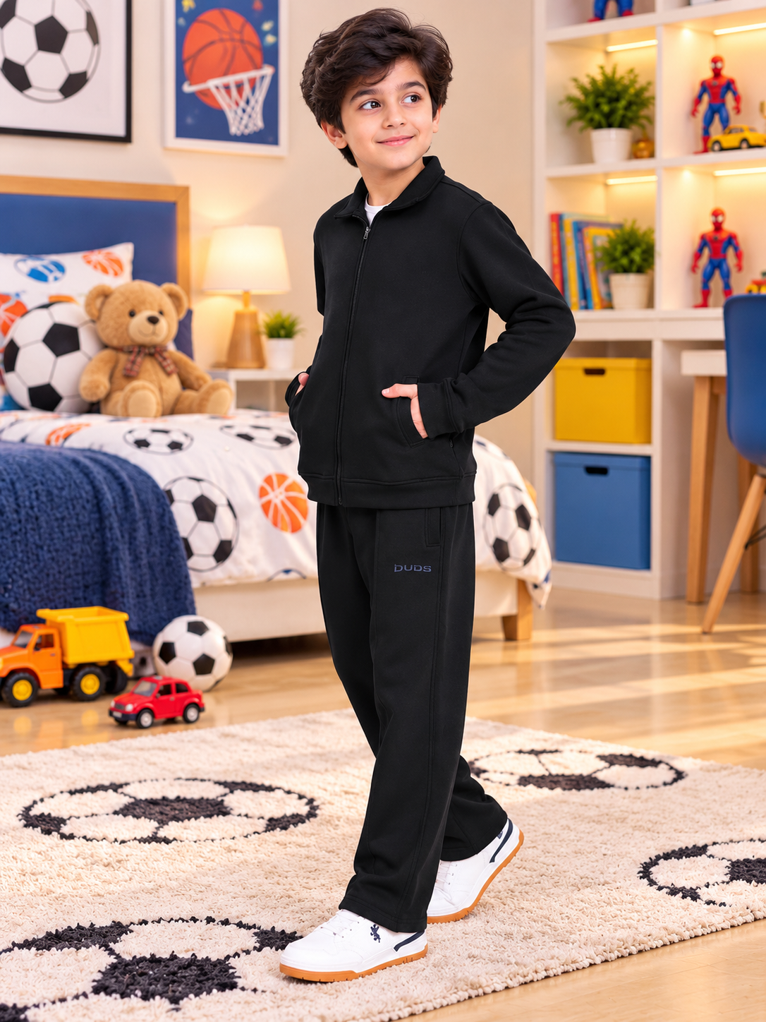 SHAGGY FLEECE CO-ORD FOR BOYS GIRLS BLACK worn by a boy in a cozy, sports-themed bedroom