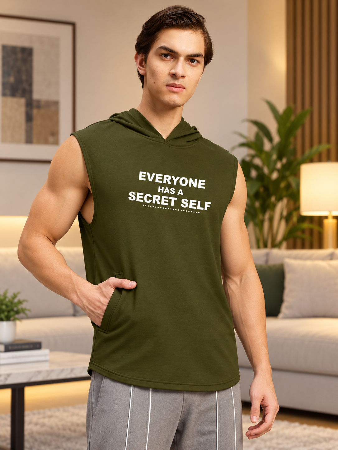 SECRET SELF GYM SLEEVELESS HOODED T-SHIRT OLIVE GREEN