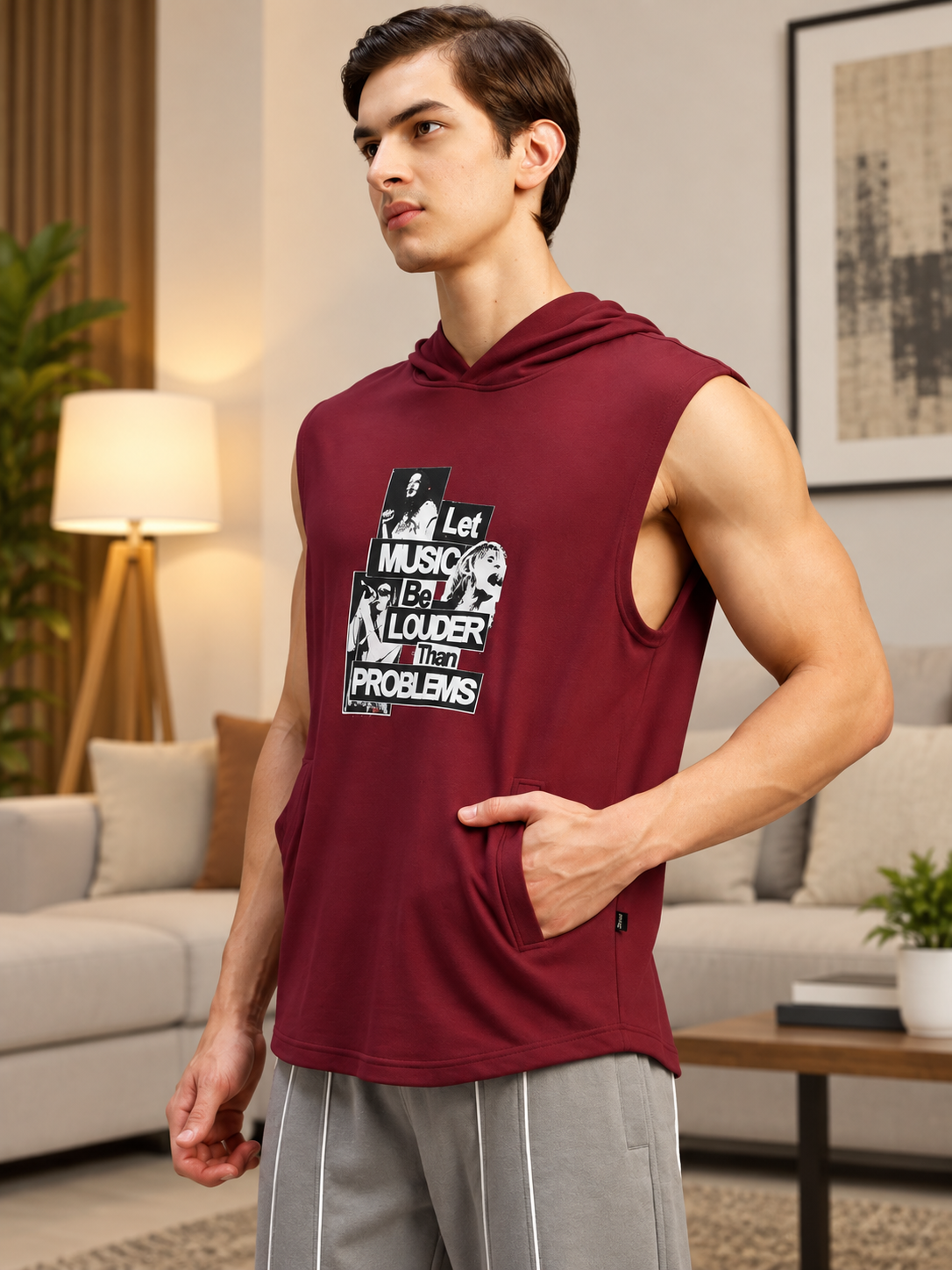 HOODIE SLEEVELESS GRAPHIC PRINT MAROON
