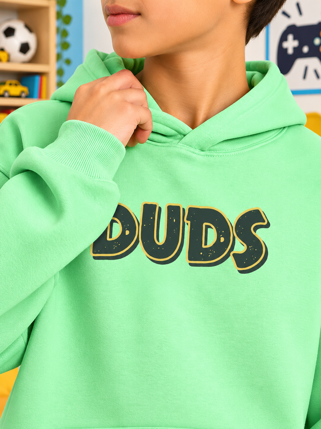 JUDY NICK ZOOTOPIA FLEECE HOODIE KIDS GREEN with DUDS print, cozy hood and ribbed cuffs for everyday wear
