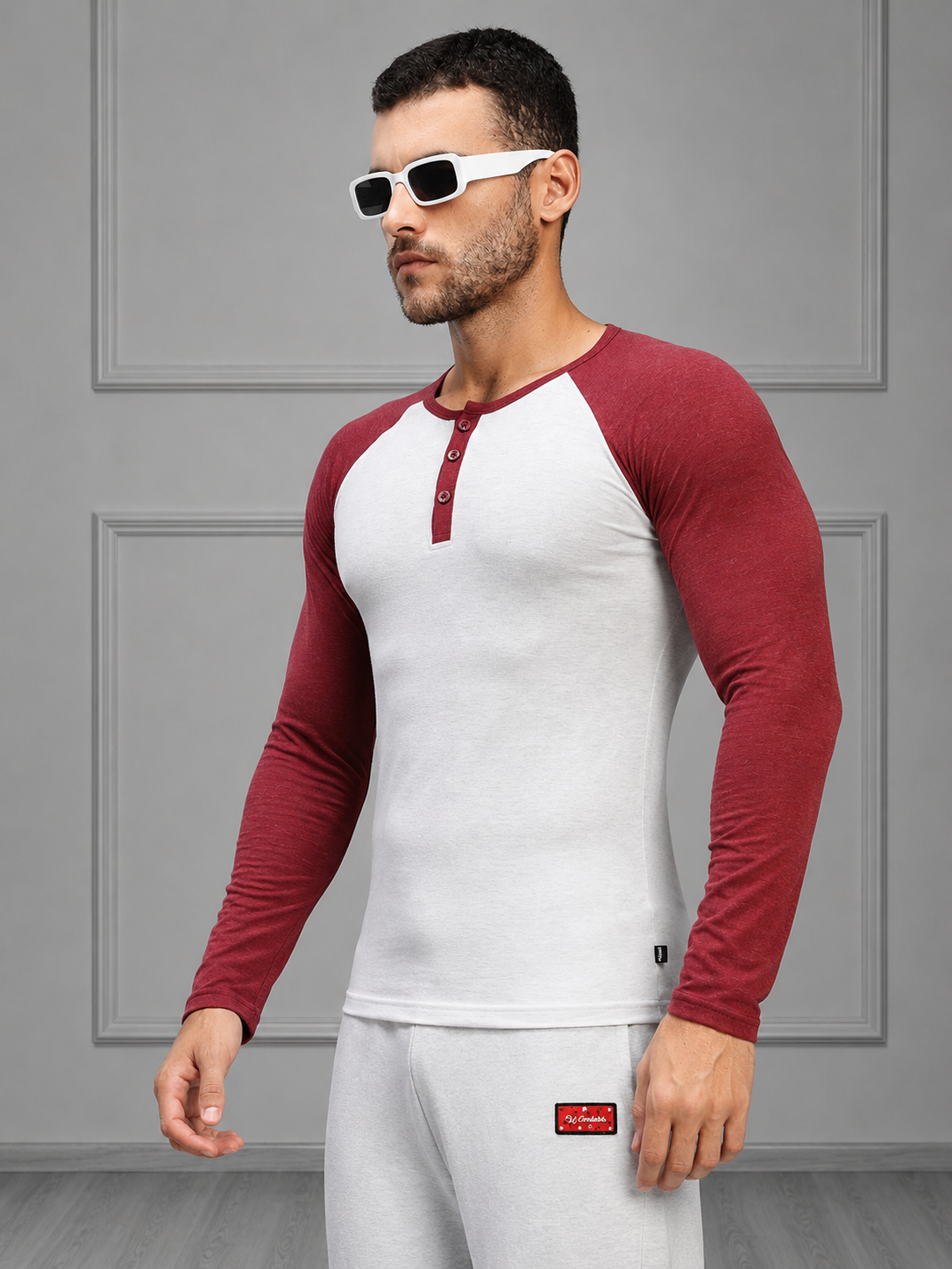 HENLEY SWEATSHIRT MELANGE GREY MAROON
