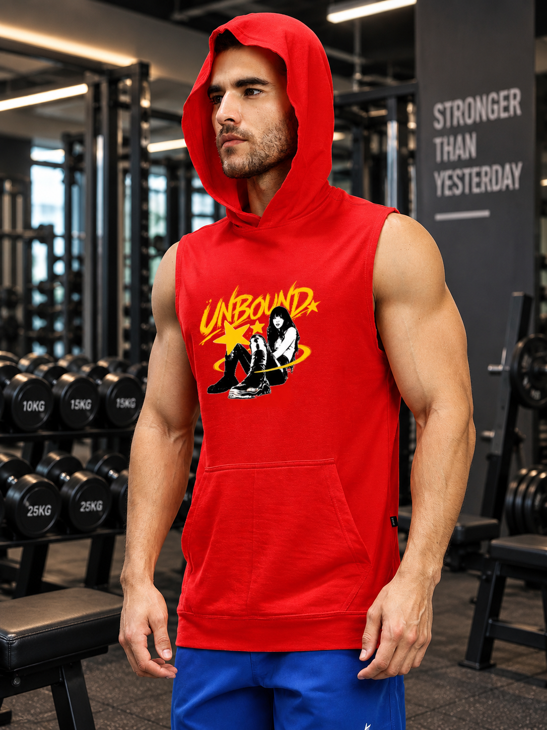 GRAPHIC GYM SLEEVELESS HOODED T-SHIRT RED
