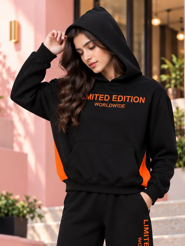 WOMEN WORLDWIDE COTTON FLEECE HOODIE BLACK