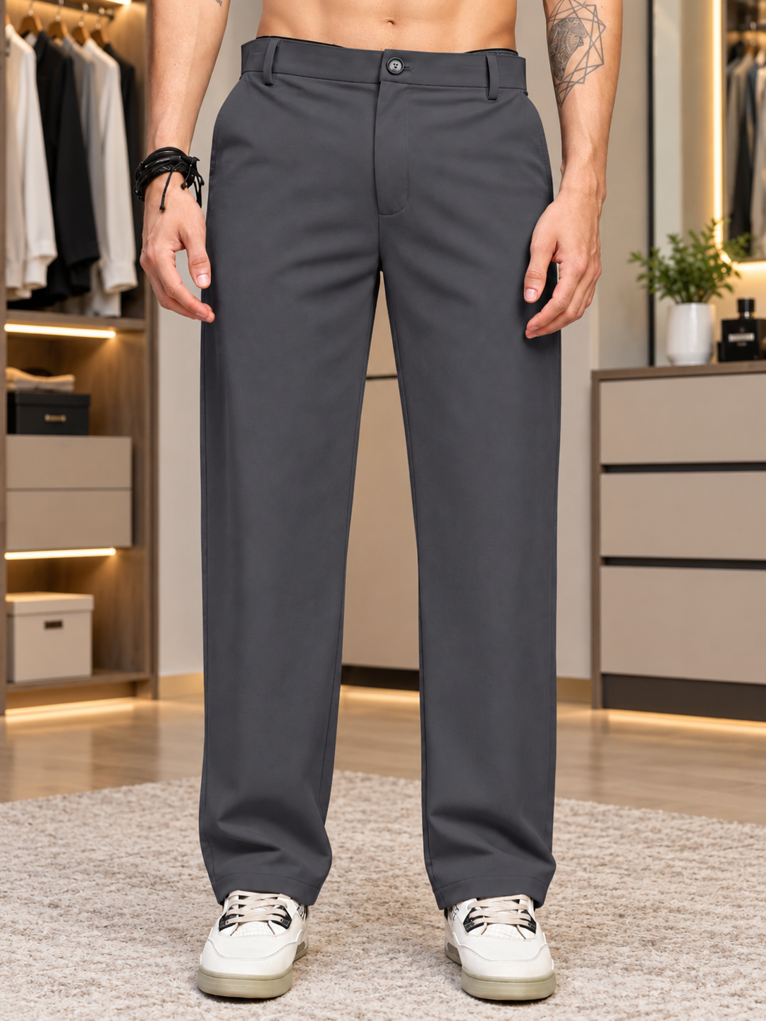COMFORTABLE STRAIGHT CASUAL PANTS DARK GREY