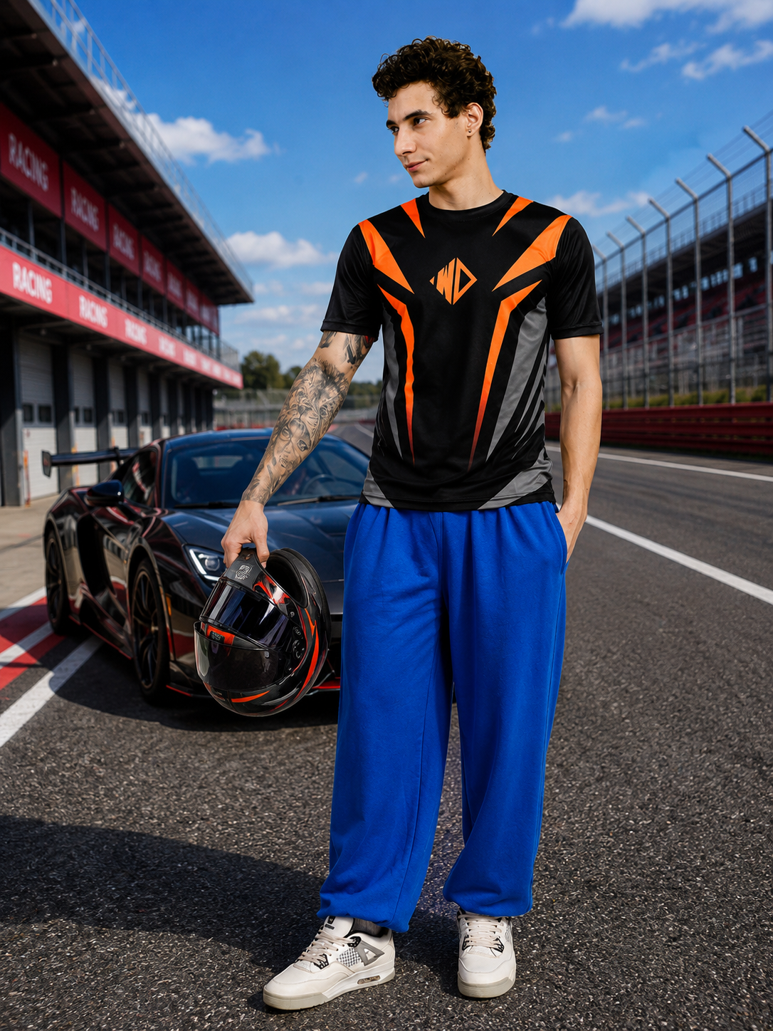 Model wearing NITRO SHIFT ATHLETIC T-SHIRT BLACK with blue pants by a racing car on track.