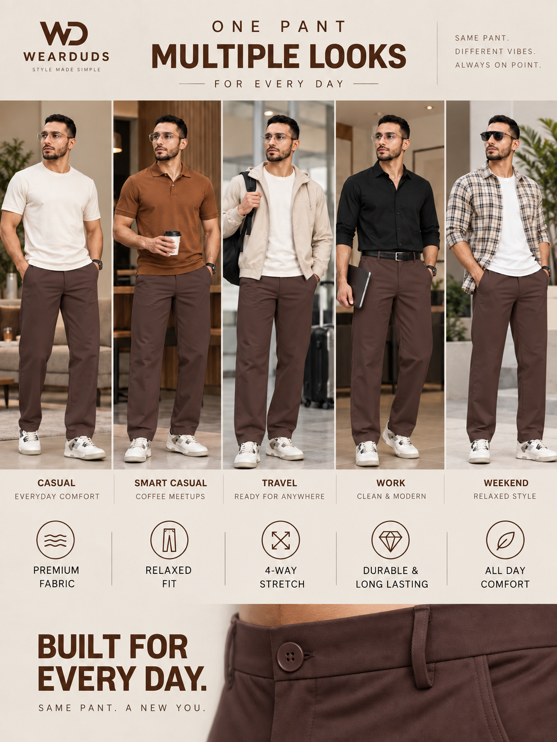 STRETCH STRAIGHT CASUAL PANTS DARK BROWN