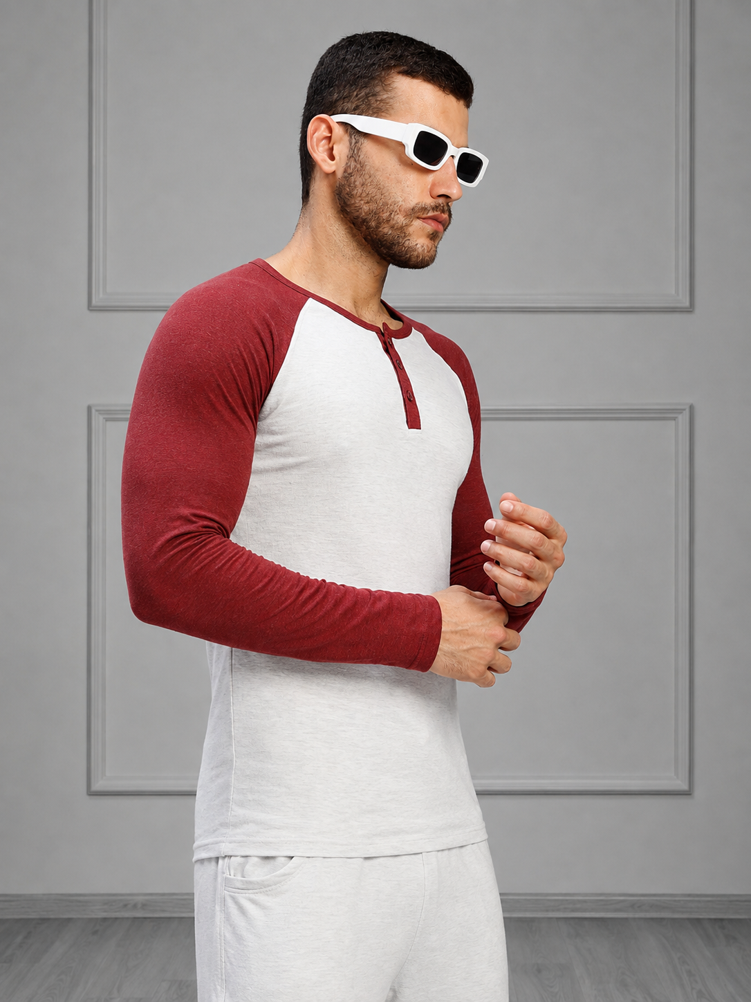 HENLEY SWEATSHIRT MELANGE GREY MAROON