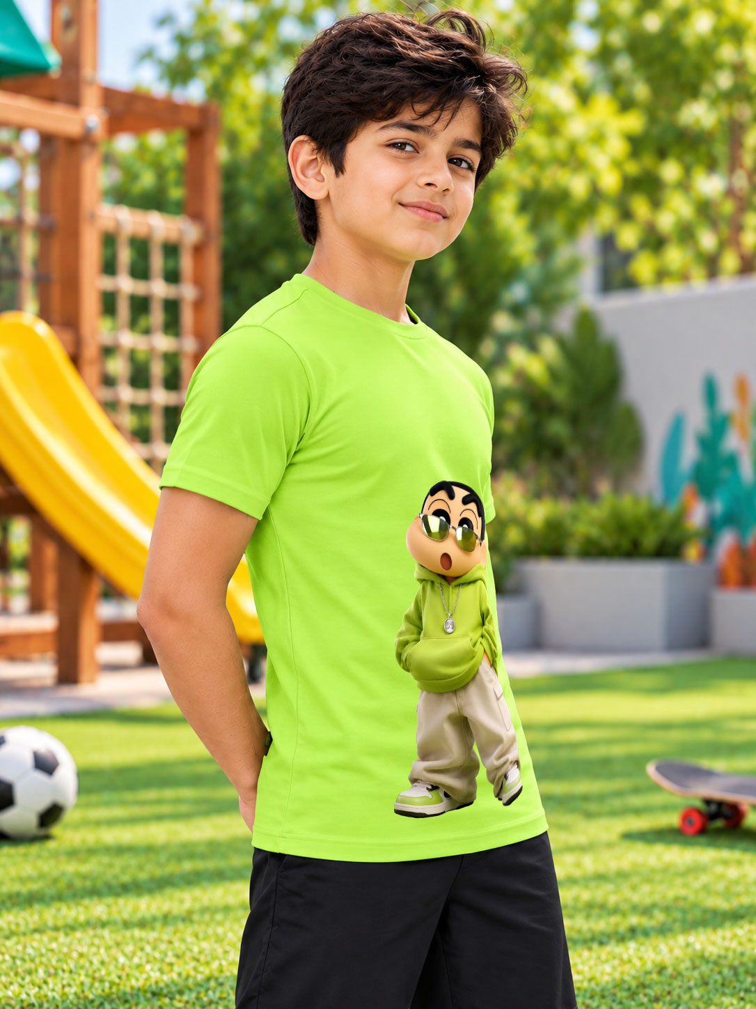 SHINCHAN GRAPHIC PRINTED T-SHIRT FOR BOYS GIRLS GREEN