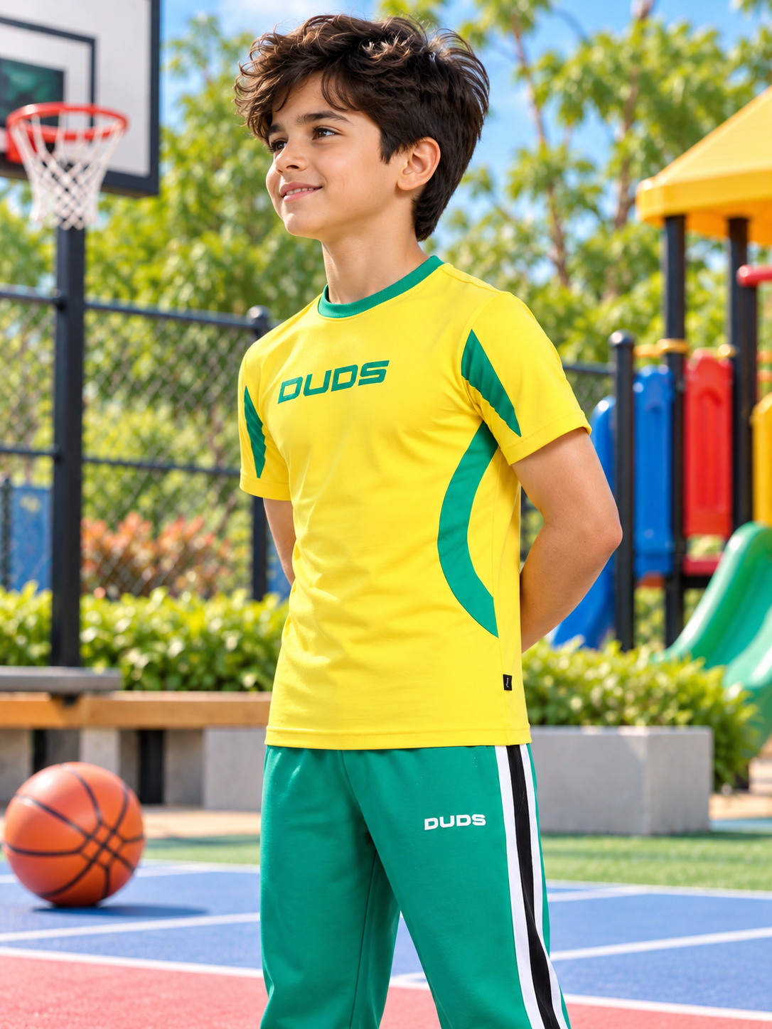 Kids Yellow Jumpy Regular Fit T-Shirt worn by boy on playground basketball court