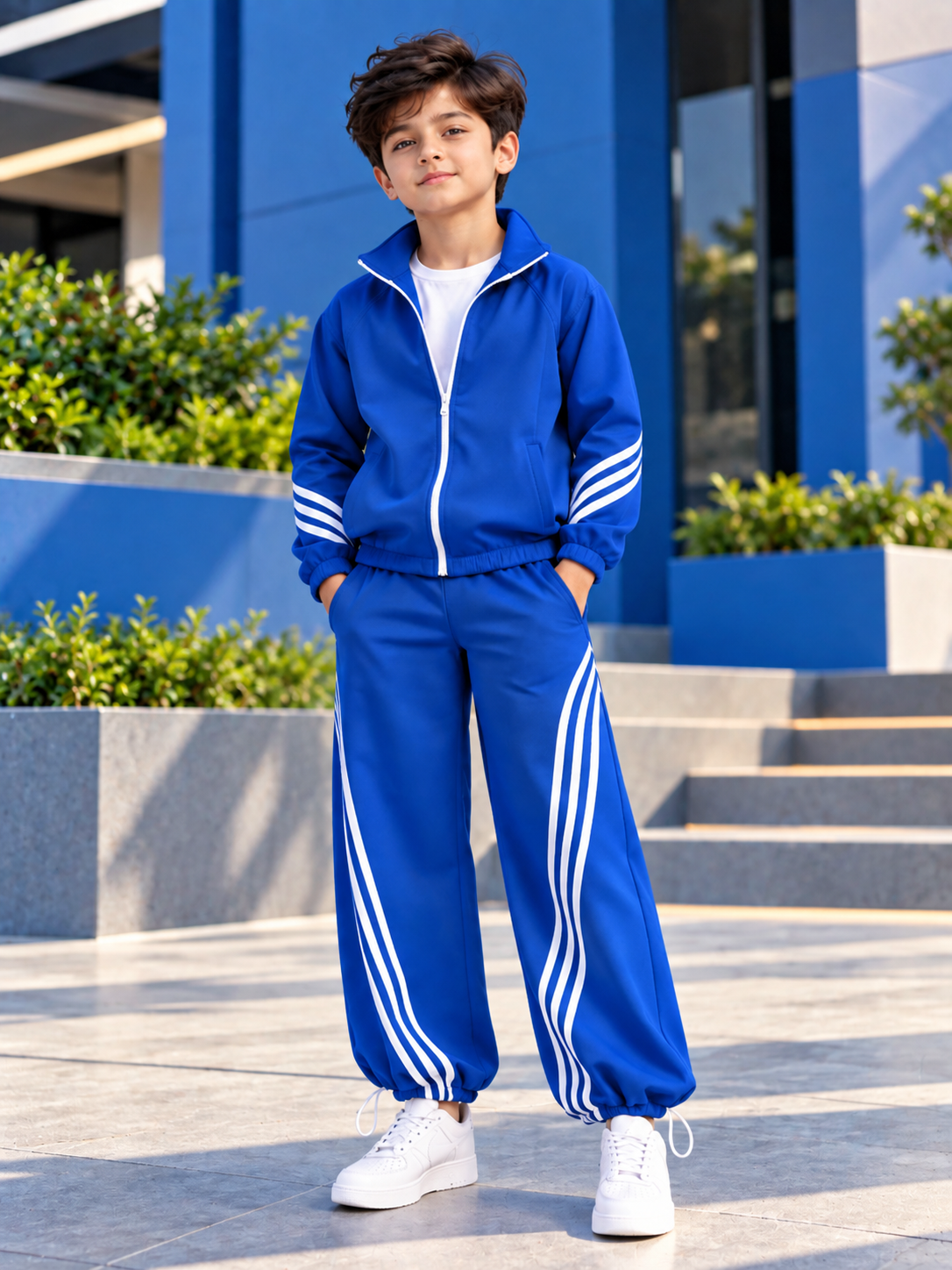 STREETWEAR THREE STRIPE CO-ORD SET FULL ZIPPER FOR BOYS GIRLS BLUE