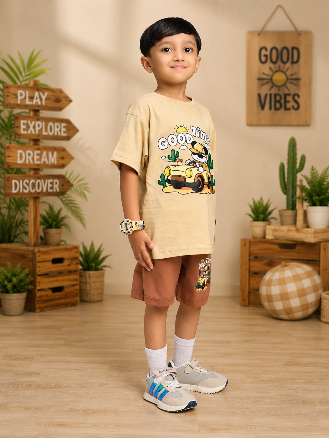 GOOD TIME PRINT CO-ORD FOR BOYS GIRLS BEIGE BROWN