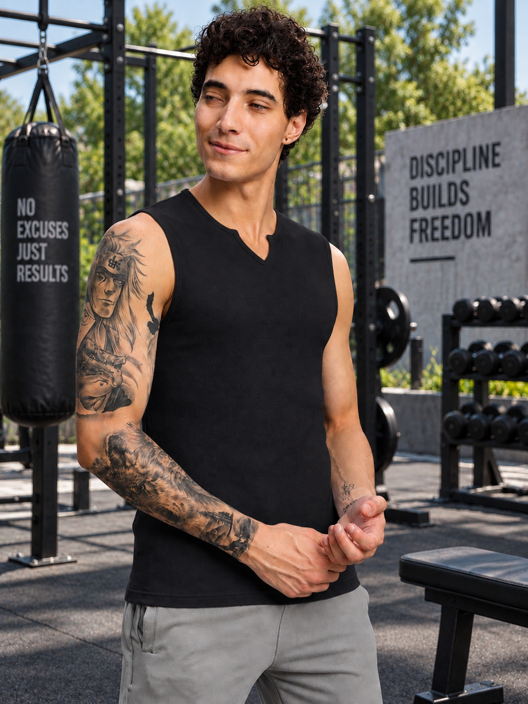 SLEEVELESS WORKOUT COTTON T-SHIRT BLACK