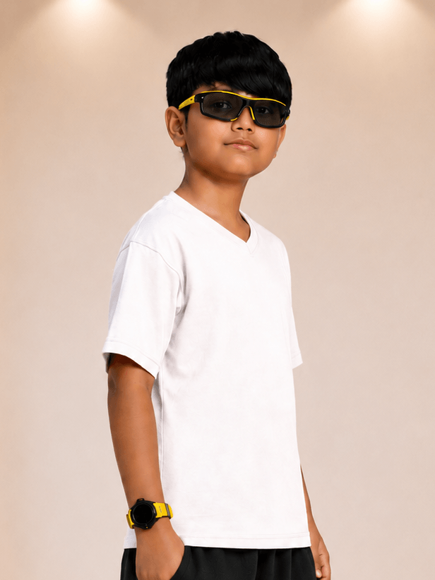 COOLFIT T-SHIRT FOR BOYS GIRLS WHITE modeled by a young boy wearing sunglasses and a watch, showcasing casual style.
