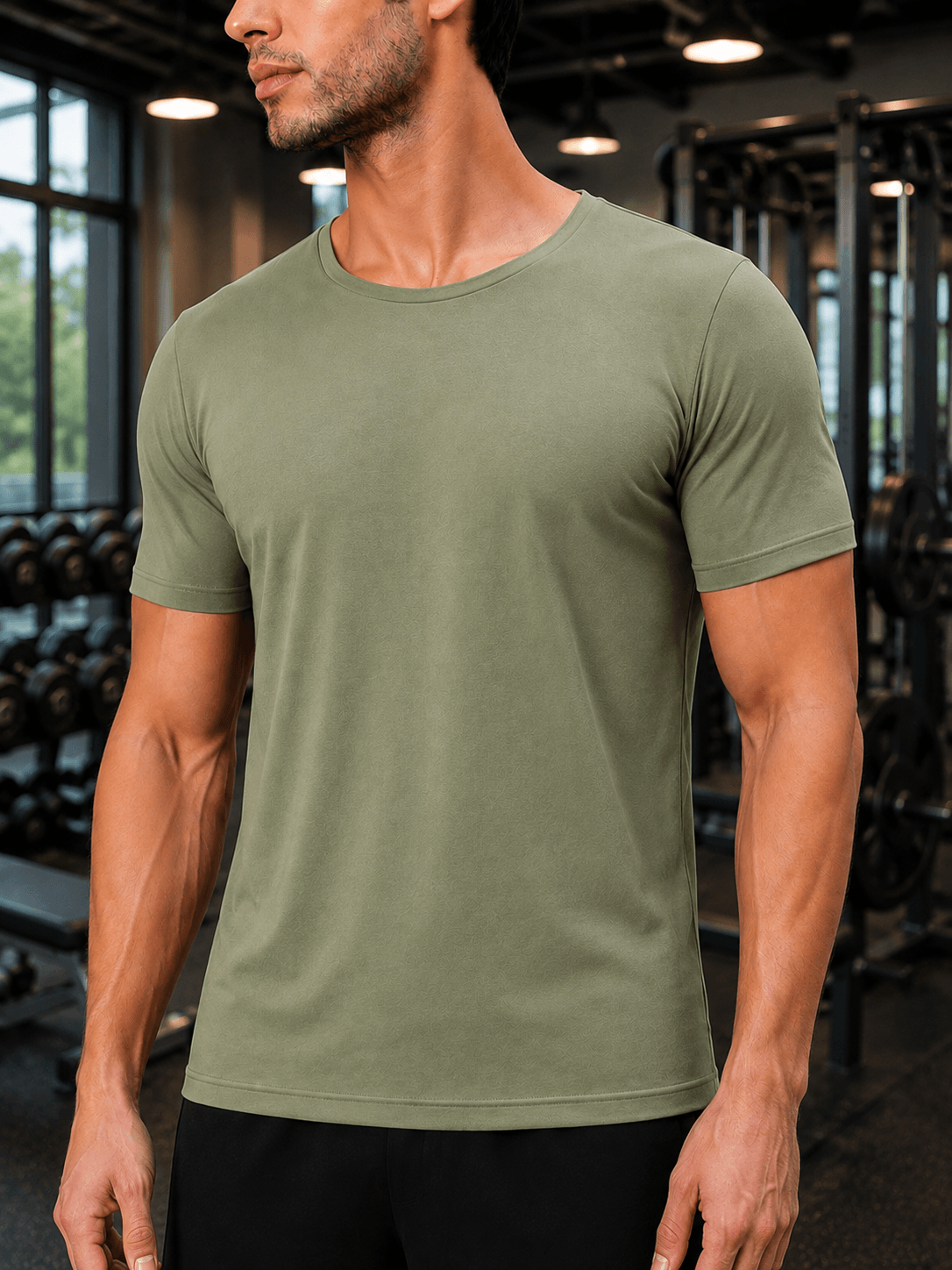 BEDROCK FIT REGULAR FIT T-SHIRT ROYAL SAGE GREEN modeled in a gym setting.