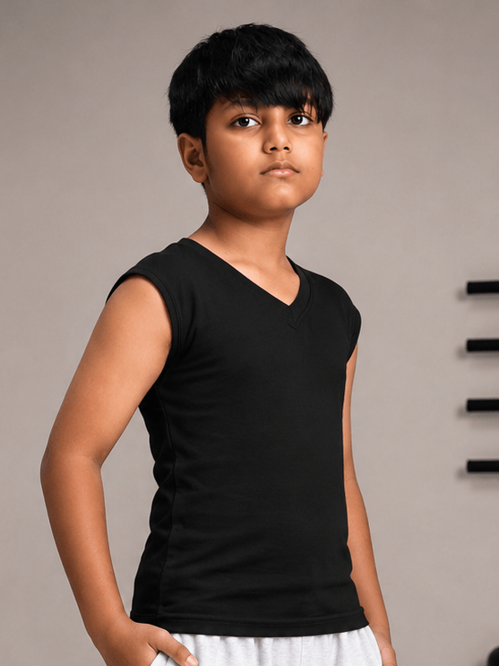 LEVELUP GAMER T-SHIRT FOR BOYS GIRLS BLACK worn by a boy posing confidently in a stylish black T-shirt.
