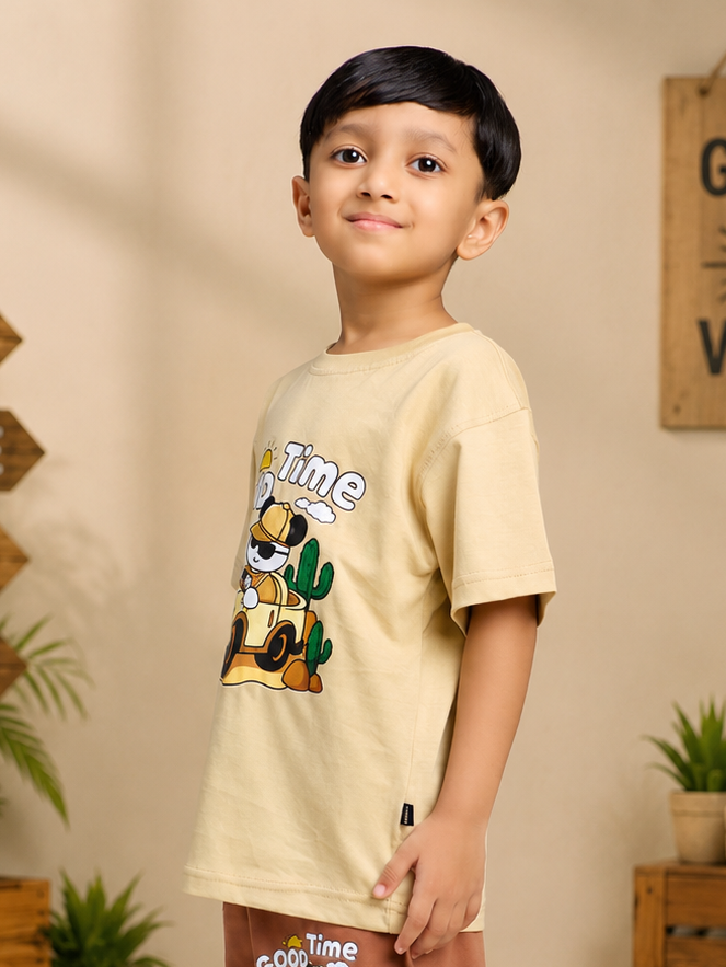 GOOD TIME PRINT T-SHIRT FOR BOYS GIRLS BEIGE