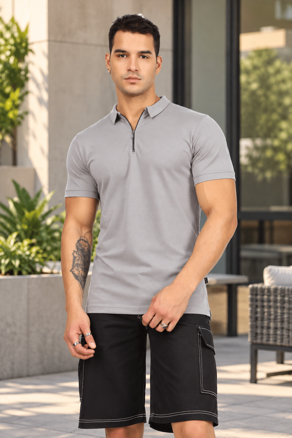 ZIPPER POLO NECK T-SHIRT GRAINED GREY