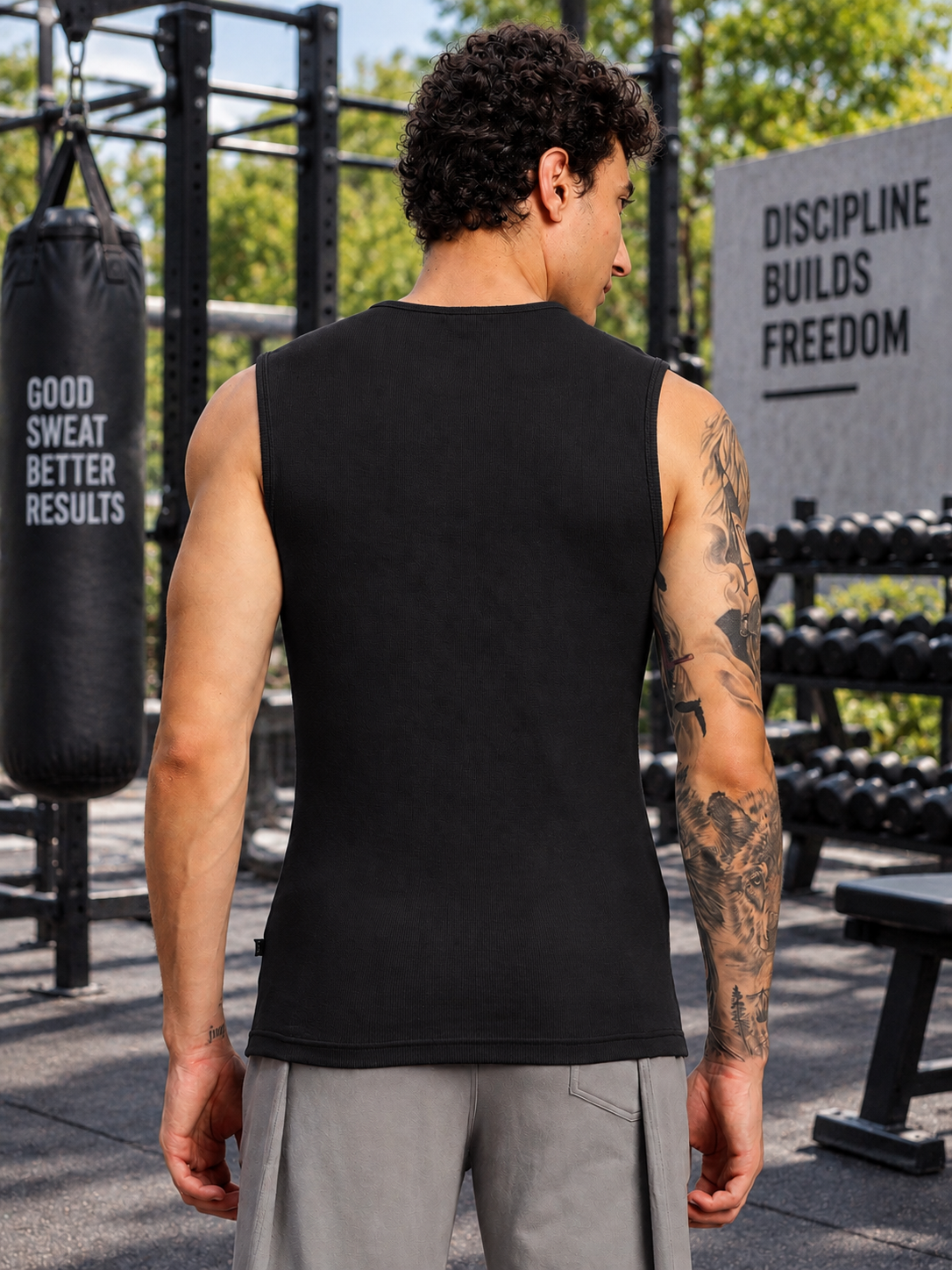 SLEEVELESS WORKOUT COTTON T-SHIRT BLACK