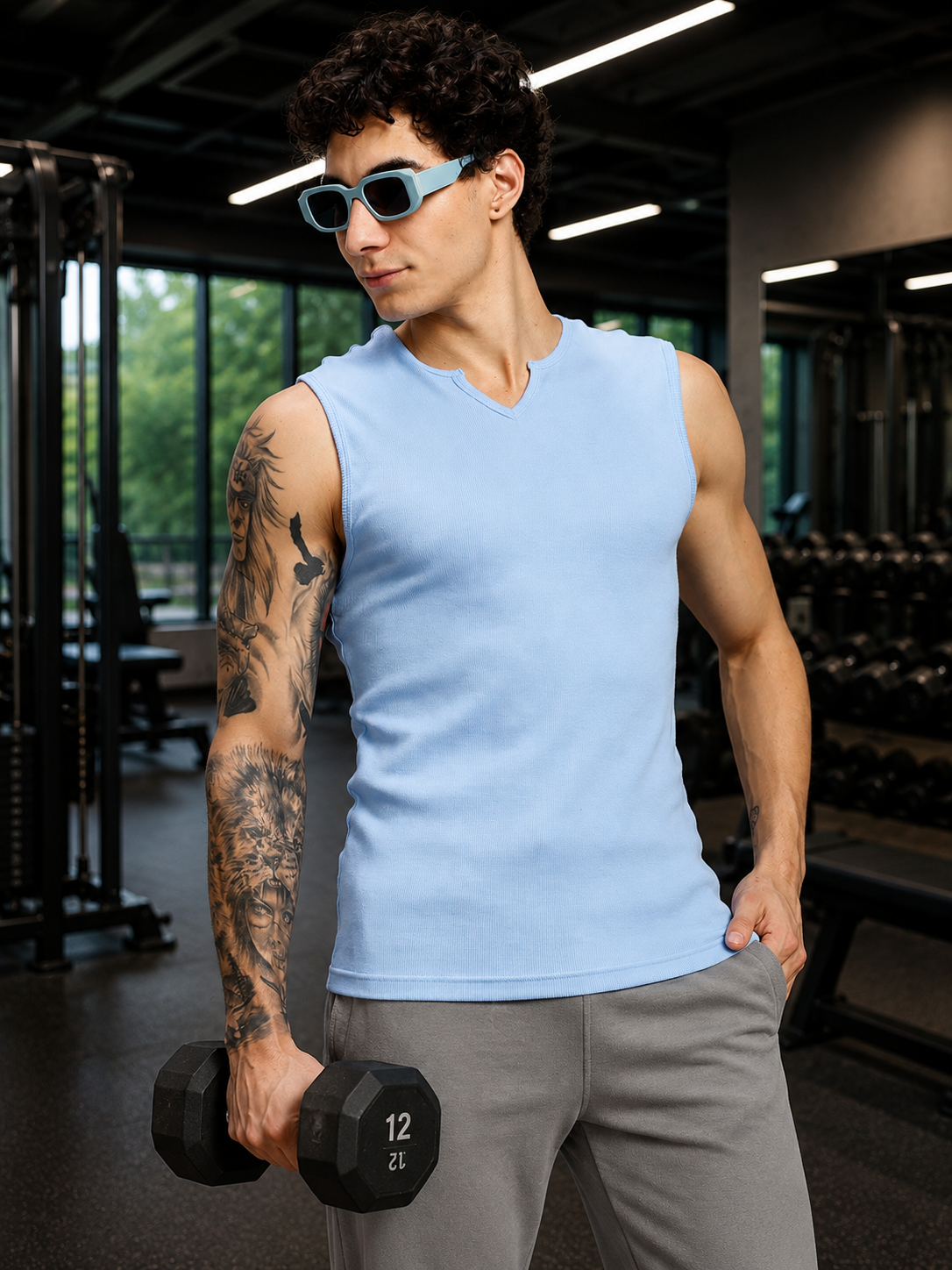 MUSCLE FIT SLEEVELESS GYM T-SHIRT SKY BLUE