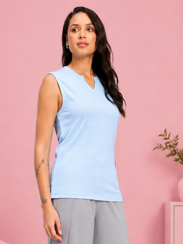 WOMEN MUSCLE FIT SLEEVELESS GYM T-SHIRT SKY BLUE