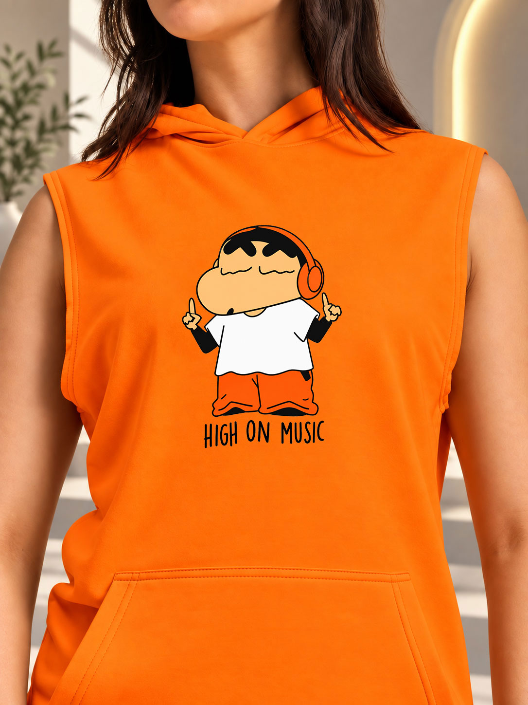 WOMEN BEAT MODE SLEEVELESS HOODED T-SHIRT ORANGE