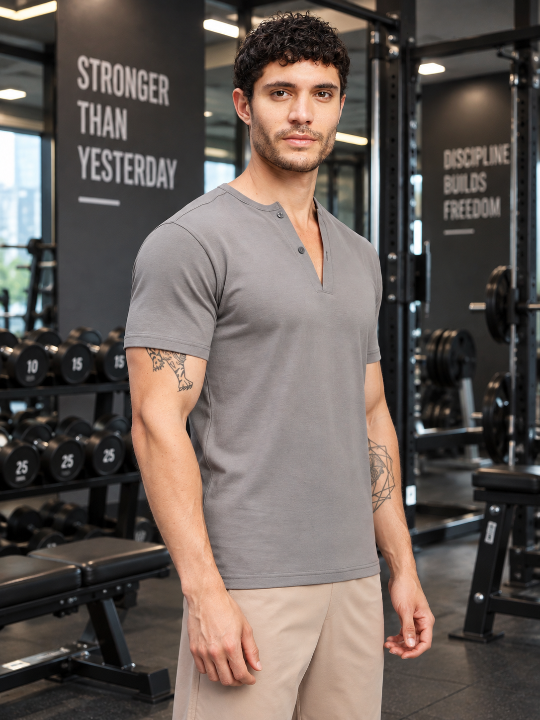 ATHLETIC HENLEY REGULAR FIT T-SHIRT GREY