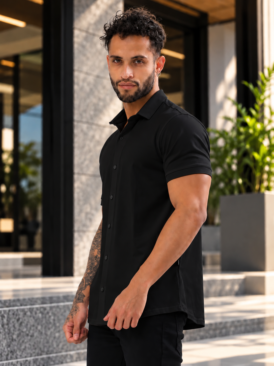 NOIR BLACK HALF SLEEVES WRINKLE FREE SHIRT