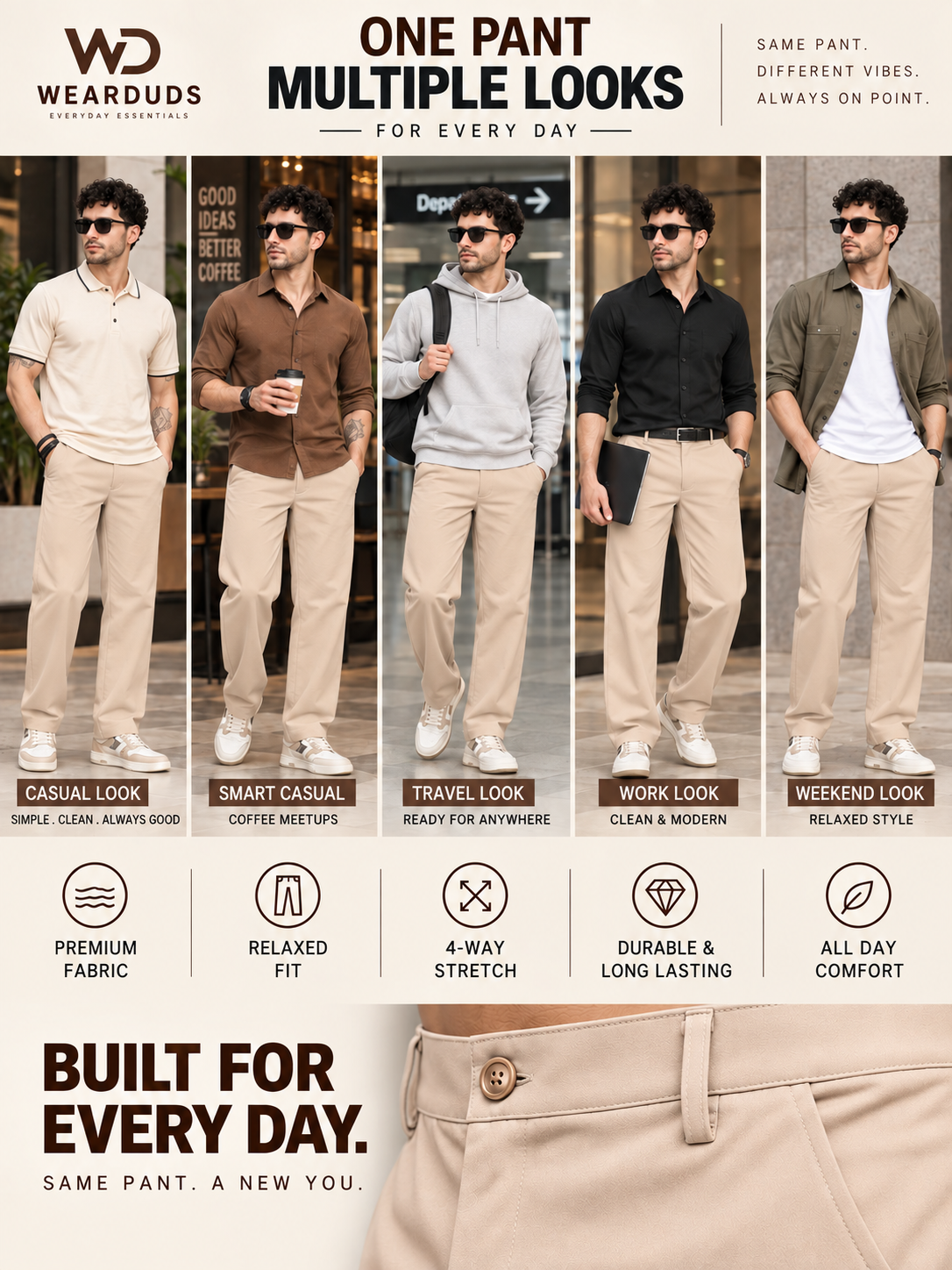 COMFORTABLE STRAIGHT CASUAL PANTS BEIGE