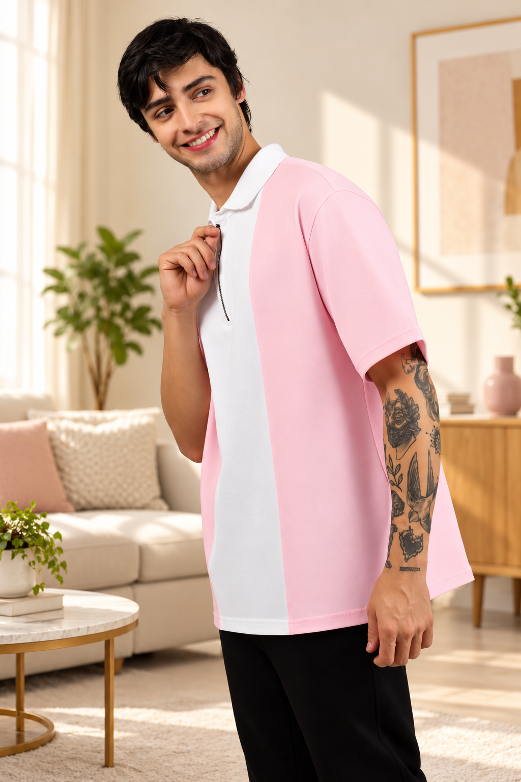 CONTRAST POLO OVERSIZED ZIPPER T-SHIRT BLUSH PINK WHITE