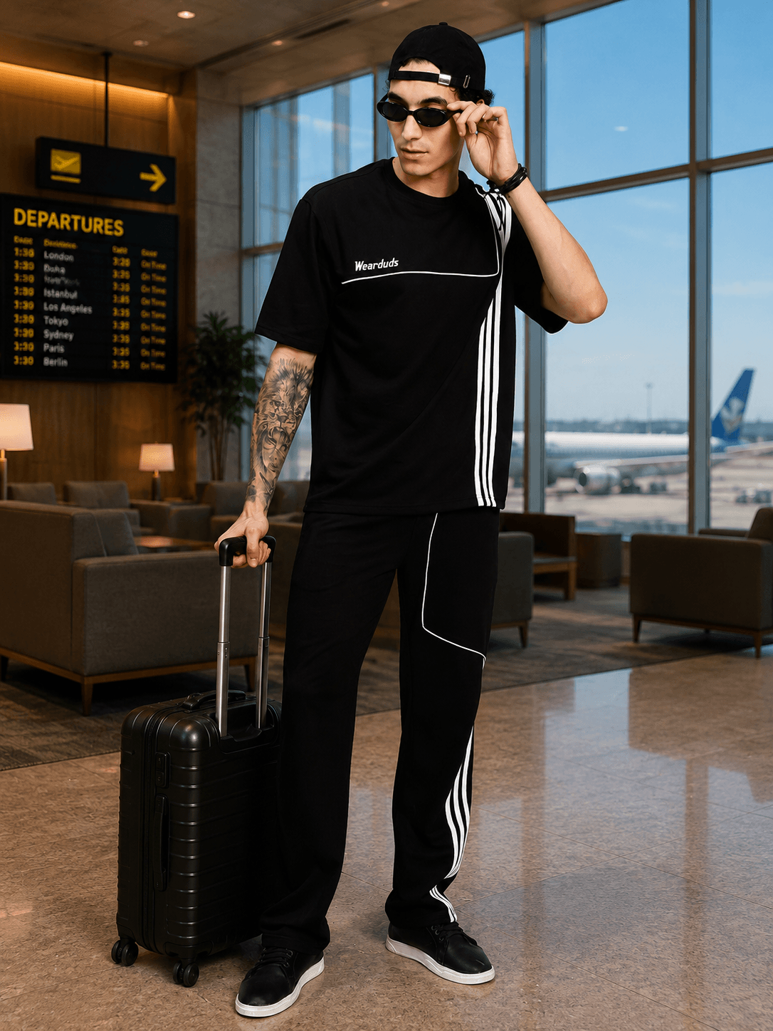 YOUTH CONTREST PIPING CO-ORD SET BLACK worn by a model at an airport with a suitcase.
