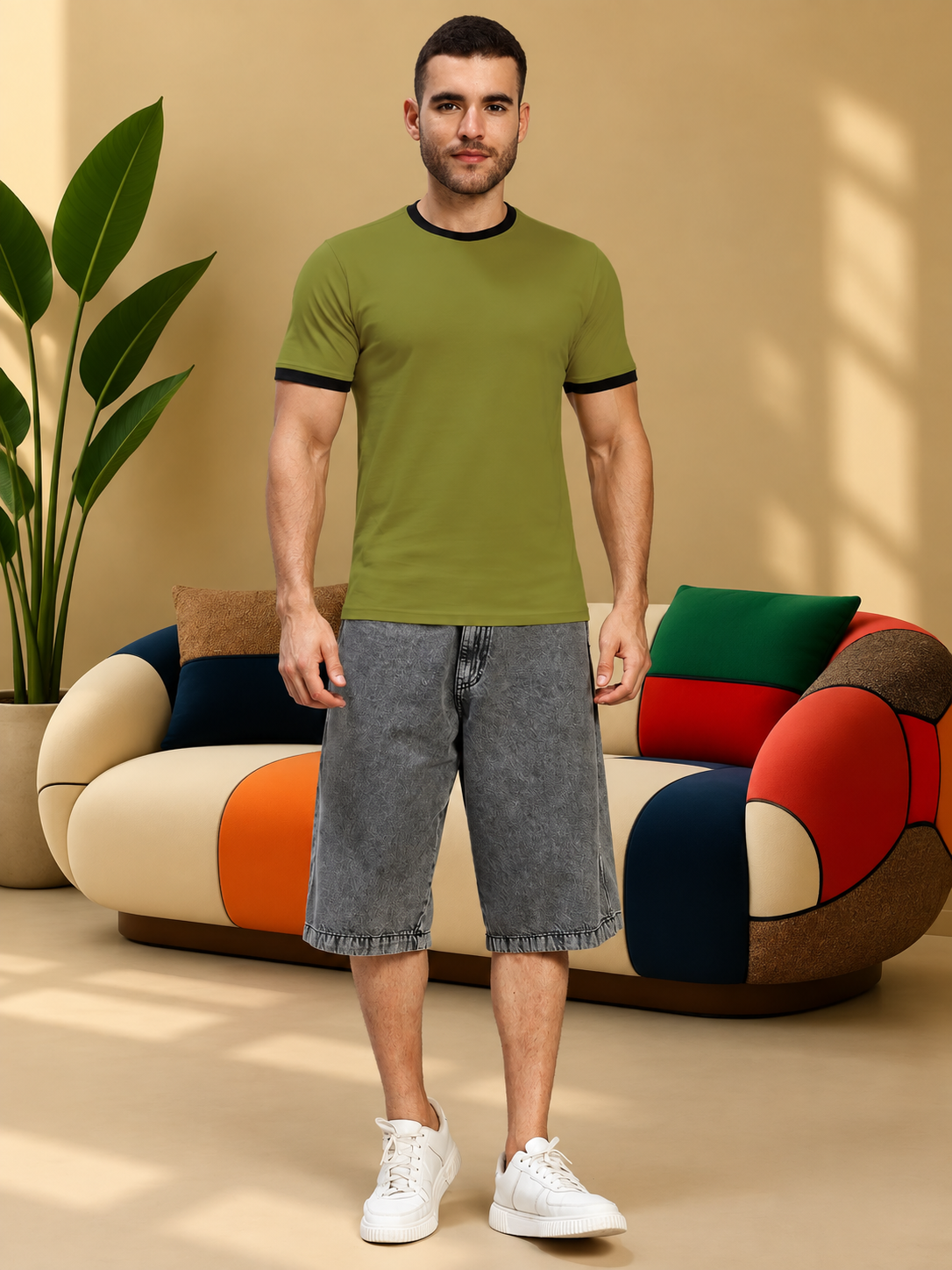 MINIMALIST CONTRAST EDGE T-SHIRT OLIVE GREEN