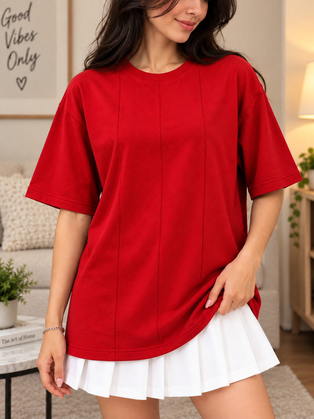 WOMEN BOXY FIT PANELS OVERSIZED T-SHIRT RED