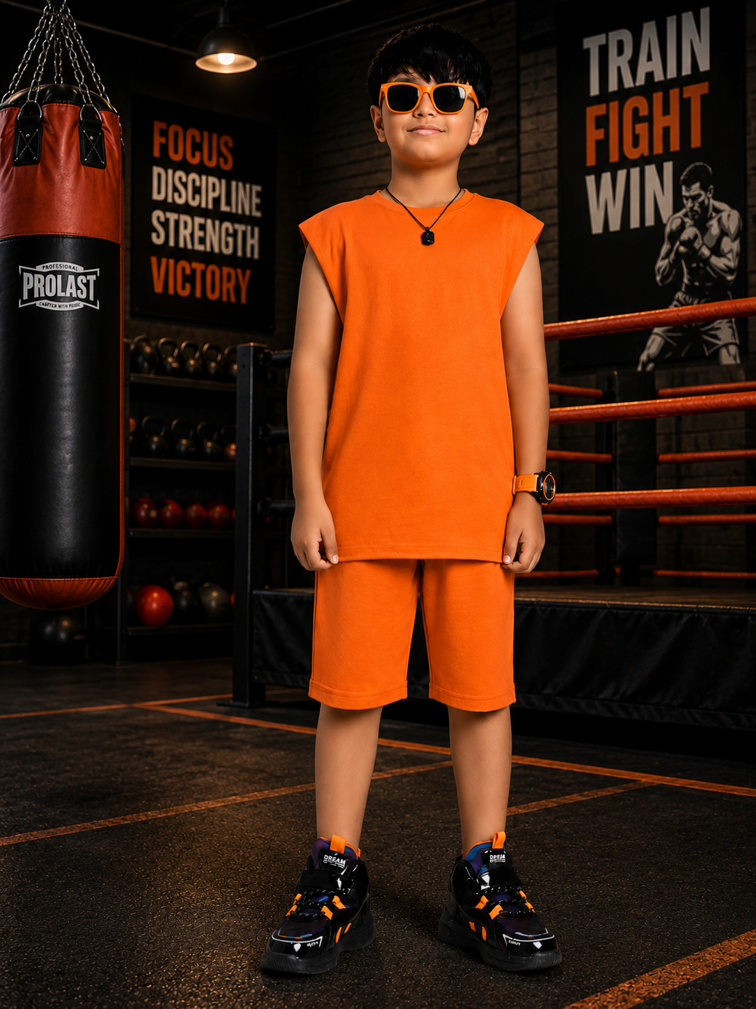 NEON RUSH SLEEVELESS CO-ORD FOR BOYS GIRLS ORANGE