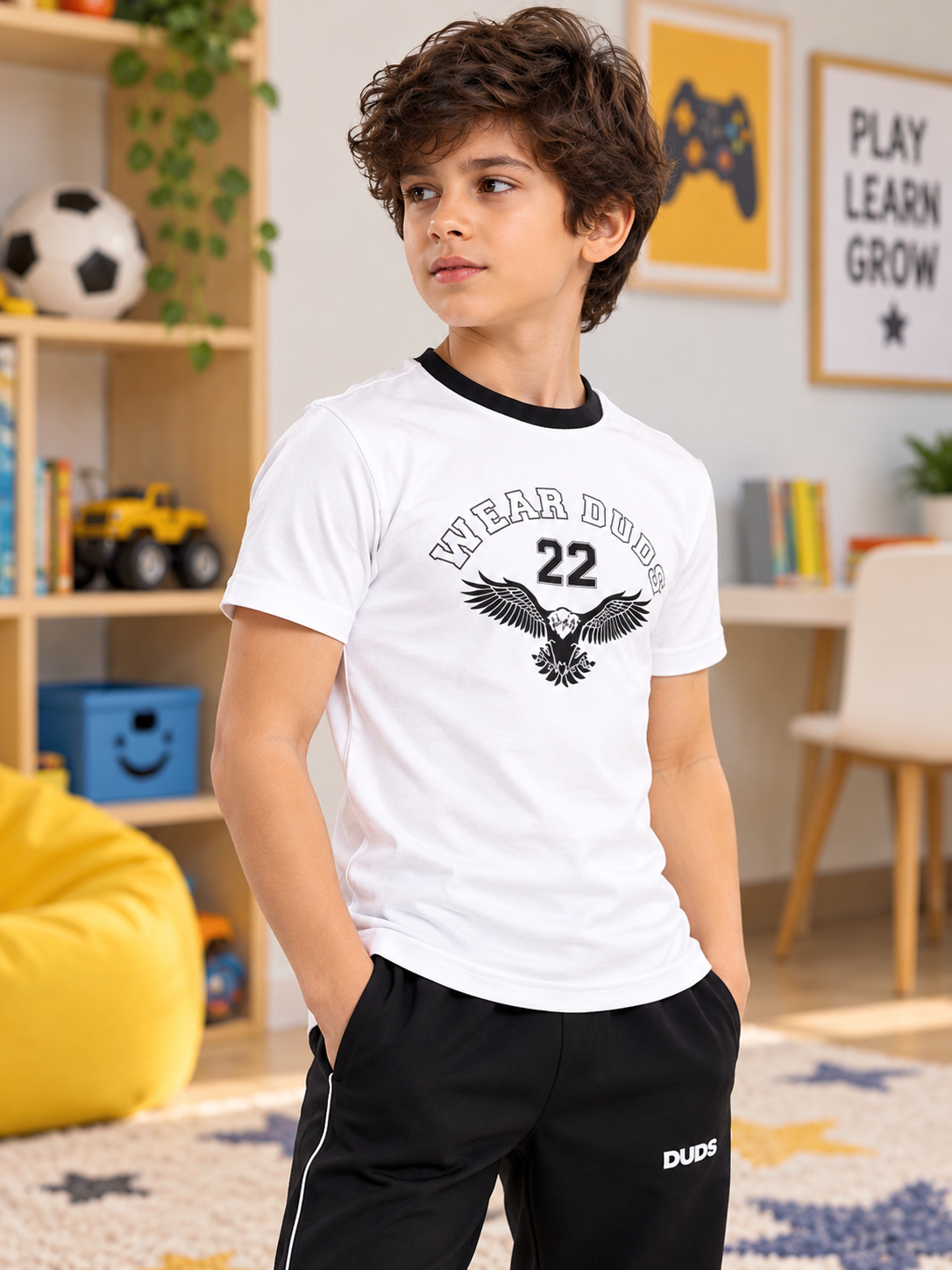 Kids White Eagle Wings Regular Fit T-Shirt styled with black joggers for casual everyday wear
