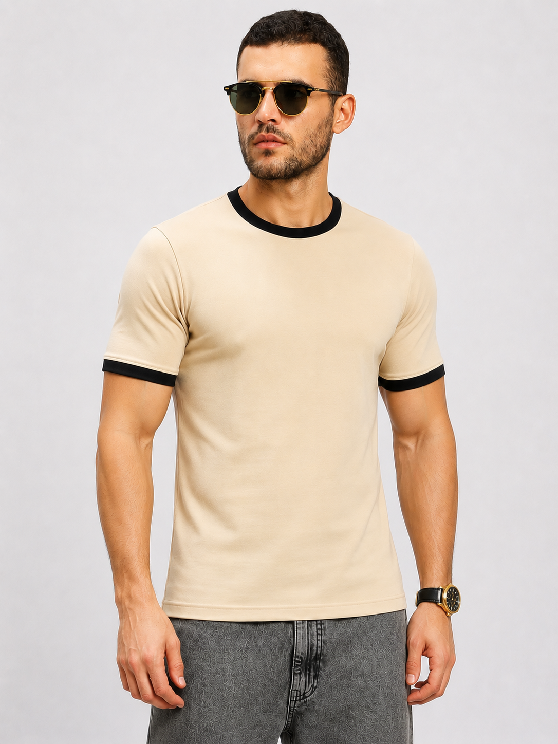 MINIMALIST CONTRAST EDGE T-SHIRT BEIGE