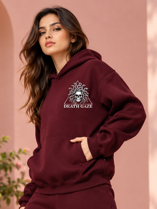 WOMEN GORGON SKULL PRINTED FLEECE HOODIE WINE
