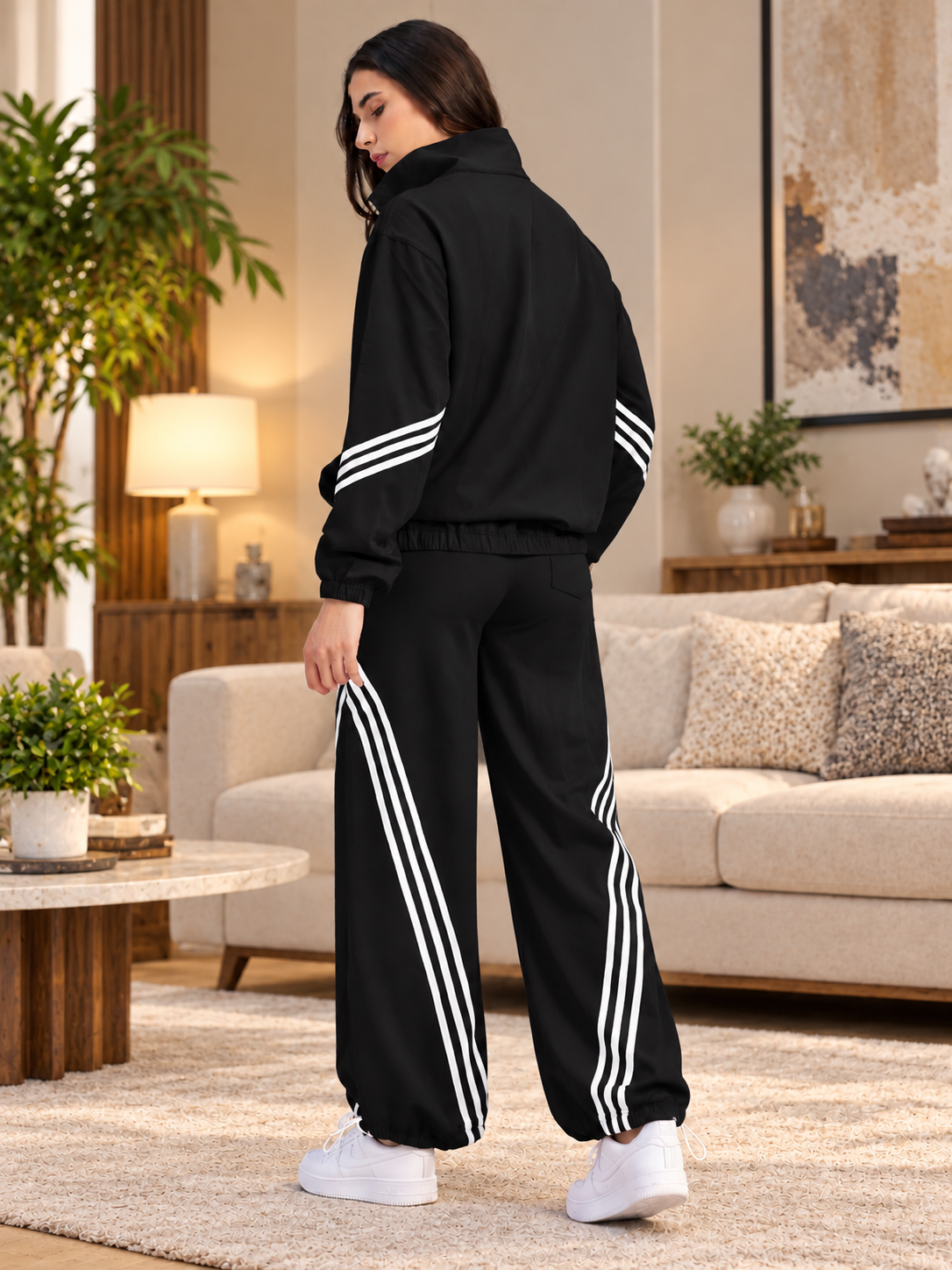 WOMEN STREETWEAR THREE STRIPE CO-ORD SET FULL ZIPPER BLACK