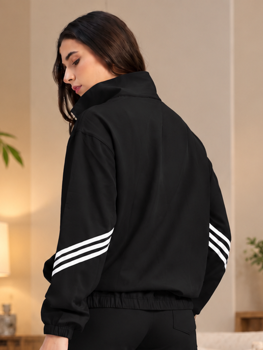 WOMEN STREETWEAR THREE STRIPE  JACKET FULL ZIPPER BLACK