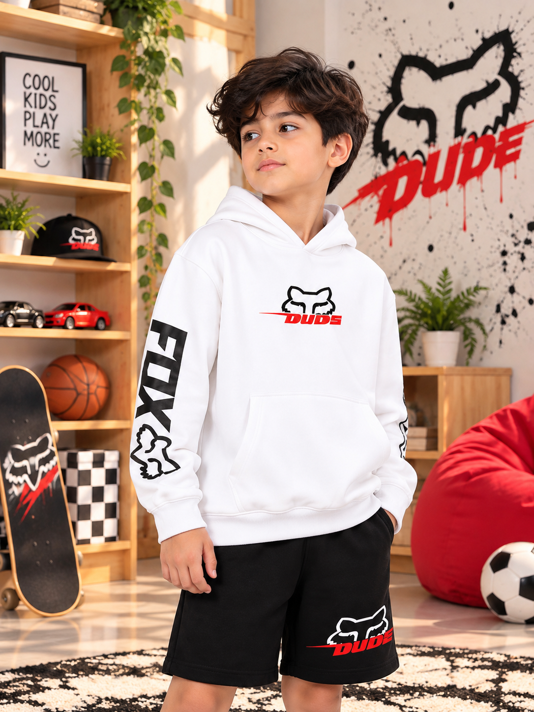 RACING FOX FLEECE CO-ORD FOR KIDS WHITE BLACK hoodie and shorts set worn by boy in playroom setting