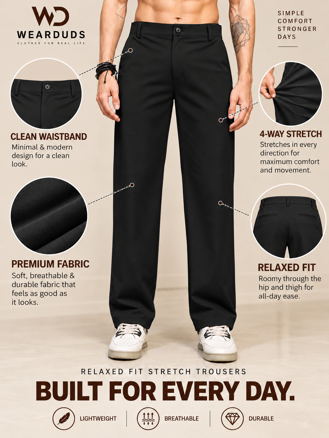 COMFORTABLE STRAIGHT CASUAL PANTS BLACK