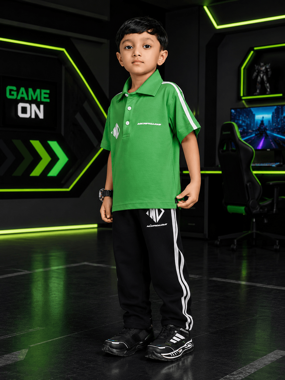 CHAMPION TRACK POLO T-SHIRT FOR BOYS GIRLS GREEN worn by a young boy posing in a modern gaming environment.