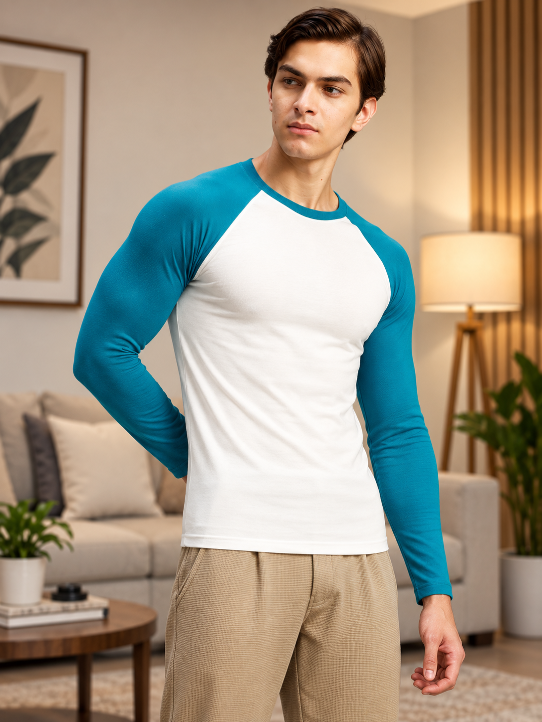 CONTRAST ROUND NECK SLIM FIT T-SHIRT WHITE TEAL BLUE