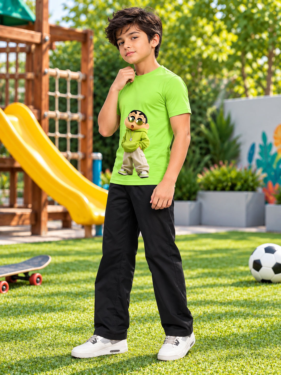 SHINCHAN GRAPHIC PRINTED T-SHIRT FOR BOYS GIRLS GREEN