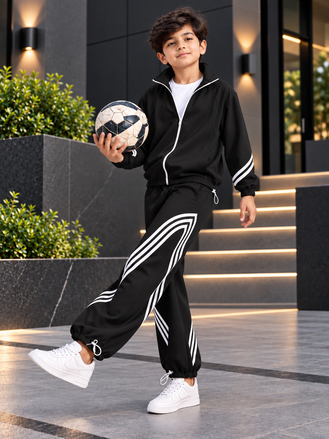 STREETWEAR THREE STRIPE CO-ORD SET FULL ZIPPER FOR BOYS GIRLS BLACK