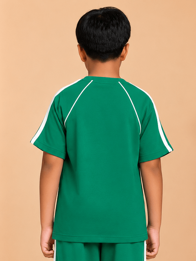 Back view of a child wearing the KIDS ROSTER T-SHIRT BOYS GIRLS GREEN WHITE showcasing sporty design.